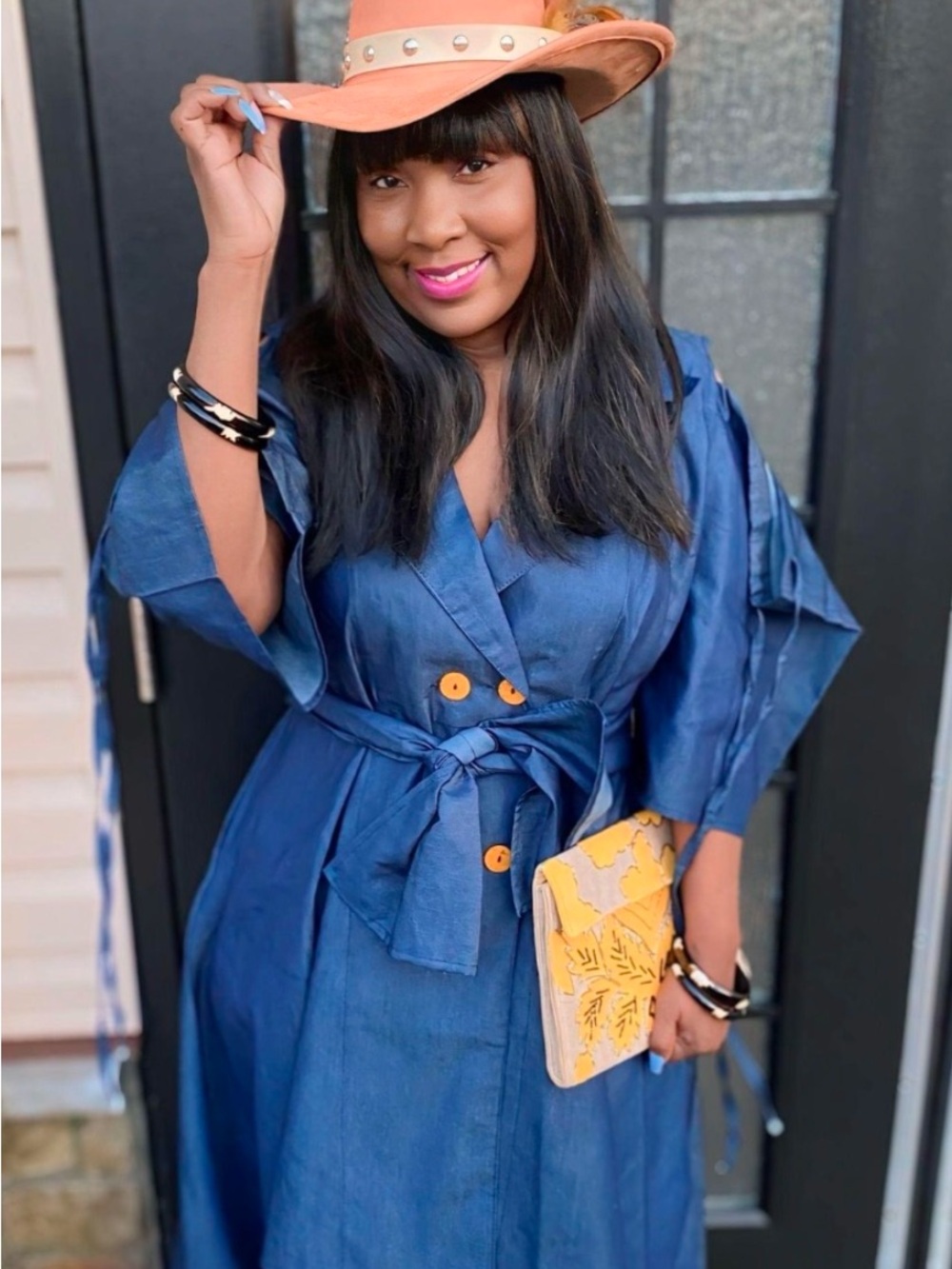 Blue Dressy Denim Wrap Midi Dress with Tie Belt